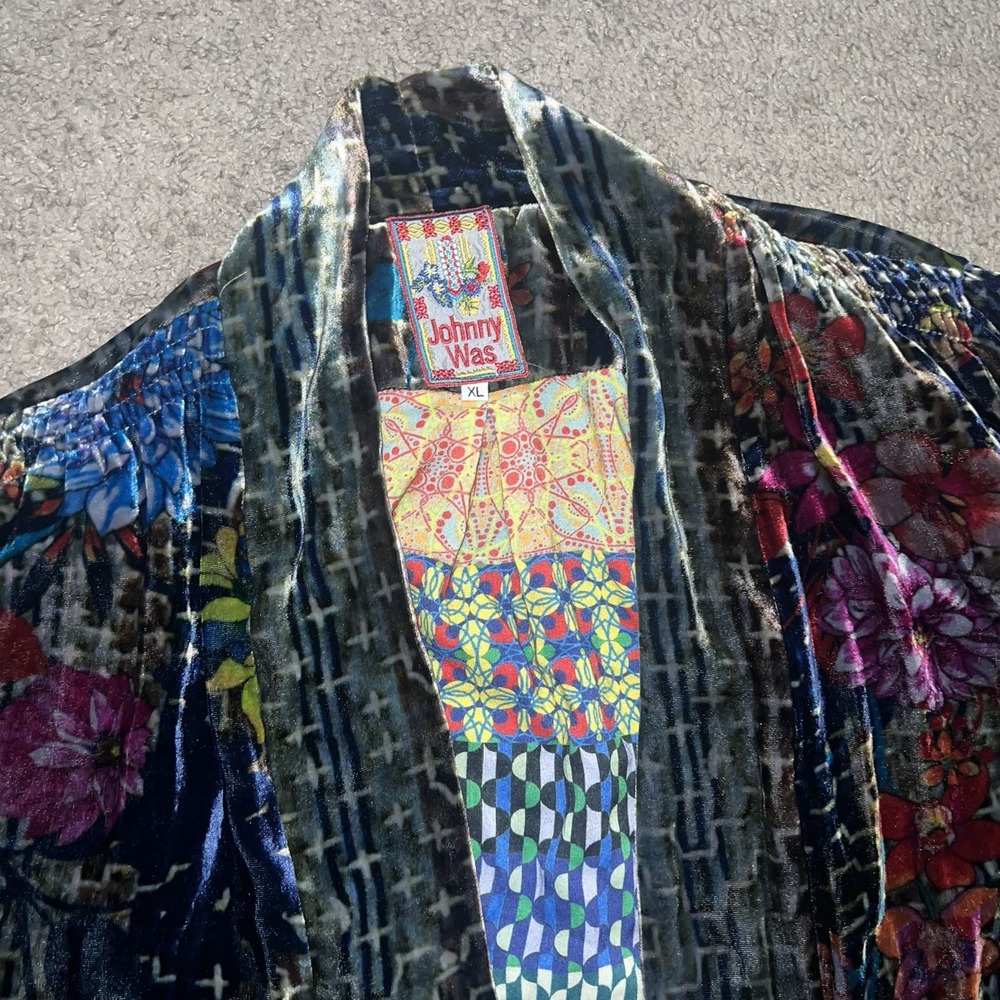 Johnny Was Velvet Floral Open Front Cardigan Kimono Jacket XL